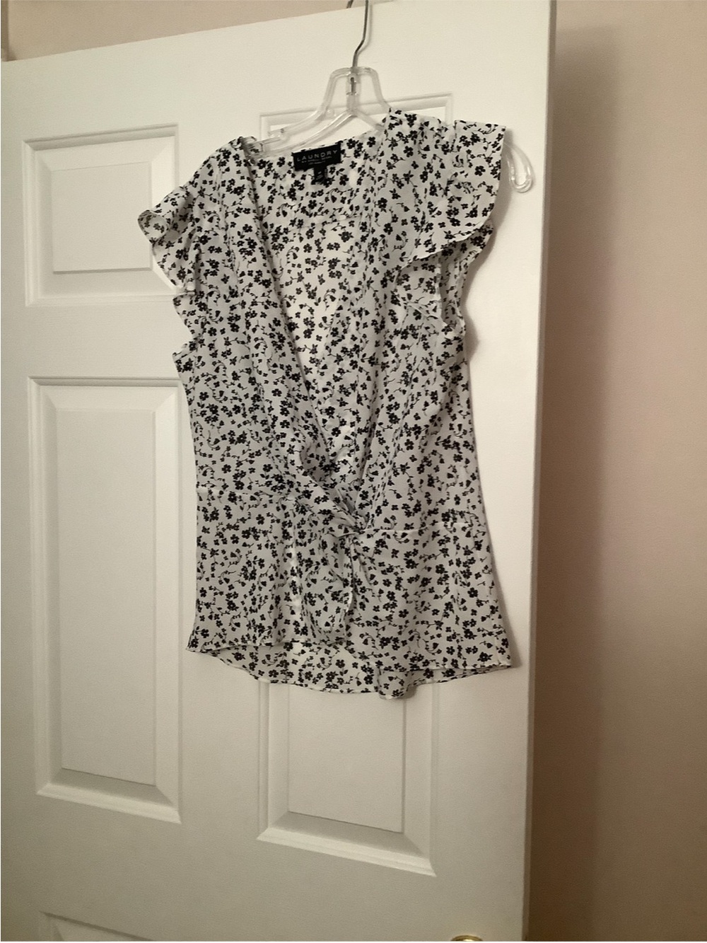 Laundry By Shelli Segal White Floral Tie-Front Ruffle Sleeve Blouse